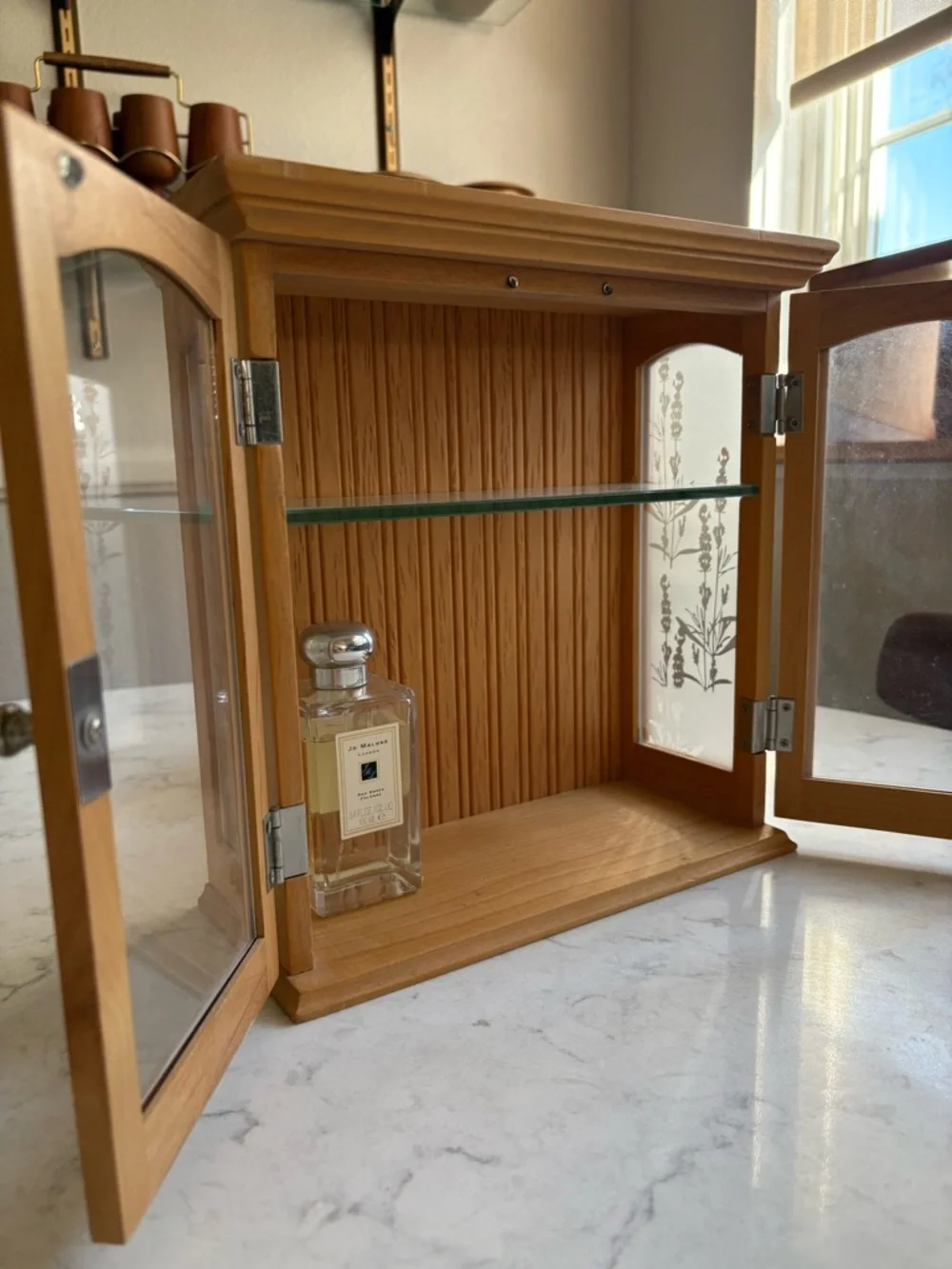 Wood Vintage Mini Curio Dispkay with Glass Shelf - Natural Brown